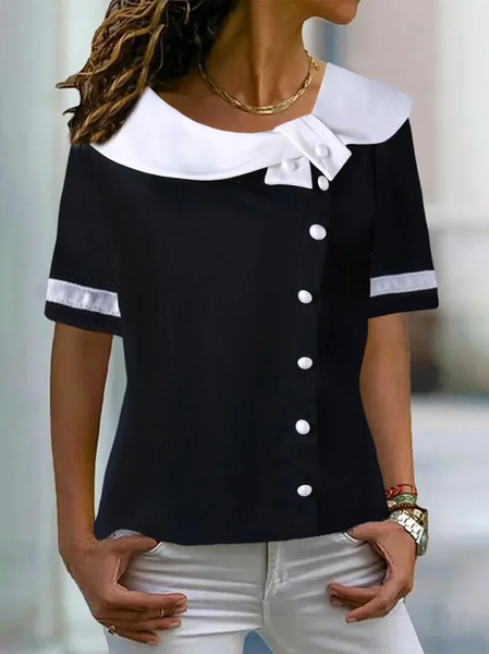 

Shawl Collar Short Sleeve Black And White Colorblock Buckle Regular High Elasticity Loose Shirt For Women, Blouses