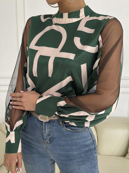 

Stand Collar Long Sleeve Text Letters Mesh Regular Loose Shirt For Women, Green, Blouses