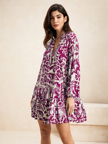 

Women Floral V Neck Long Sleeve Comfy Casual Short Dress, Red, Dresses