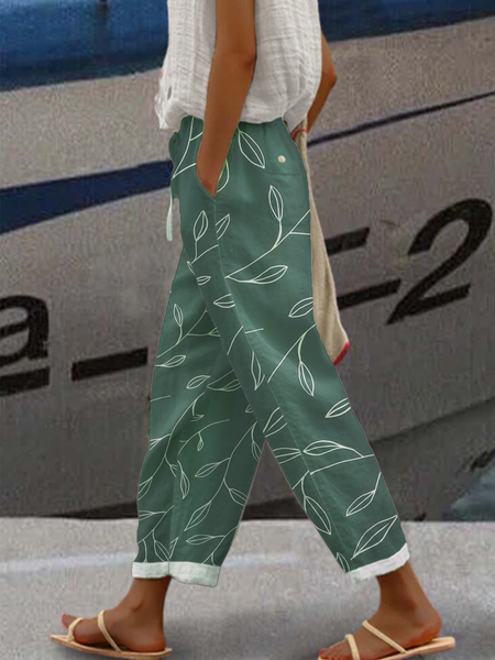 

Casual Leaf Linen Style Pants, Green, Pants