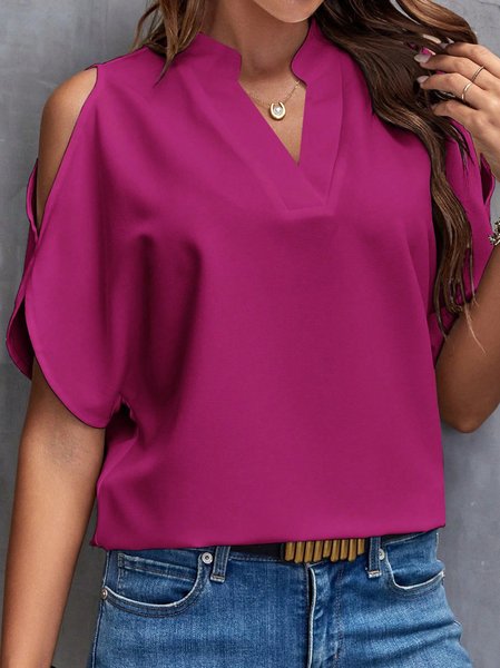 Notched Short Sleeve Plain Regular Loose Shirt For Women, Fuchsia, Blouses
