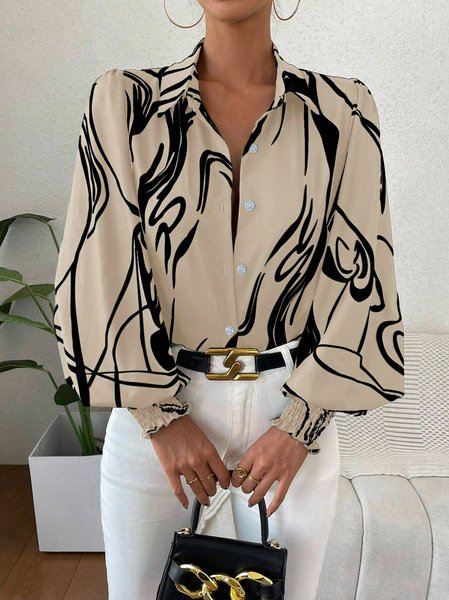 

Shirt Collar Long Sleeve Geometric Regular Loose Blouse For Women, Khaki, Blouses