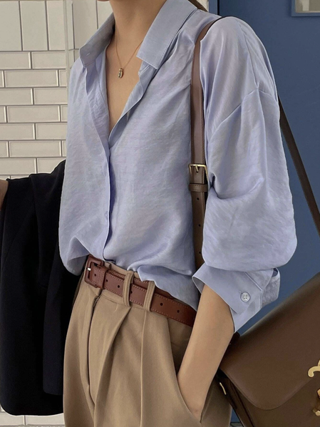 

Shirt Collar Plain Casual Cotton-Blend Linen Style Blouse, Light blue, Blouses & Shirts