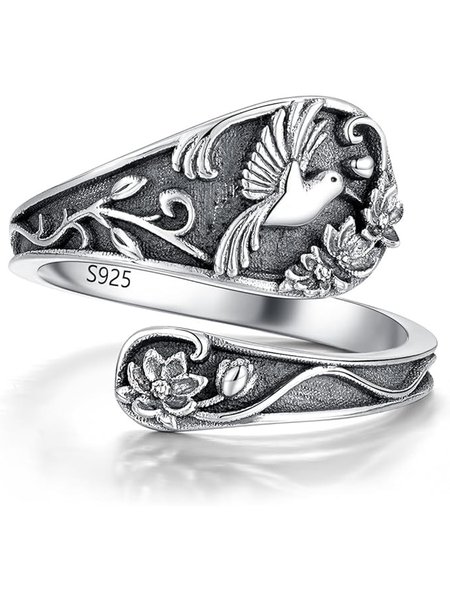 

Amazon's new jewelry retro simple hummingbird flower opening adjustable women's all-match ring, As picture, Rings