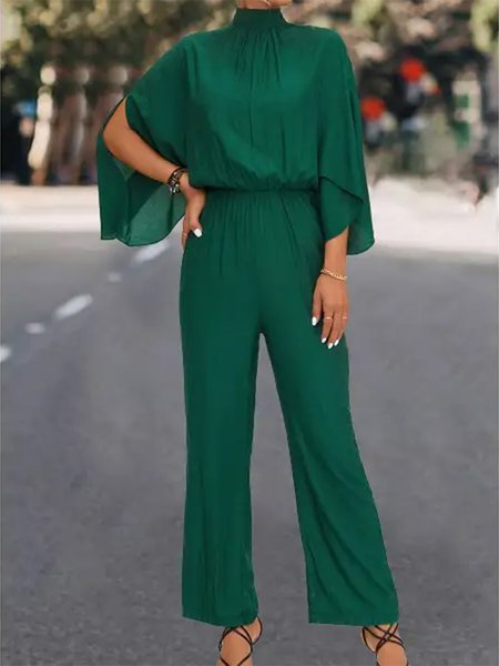 

Plain Loose Simple Half Turtleneck Jumpsuit, Green, Jumpsuits＆Rompers