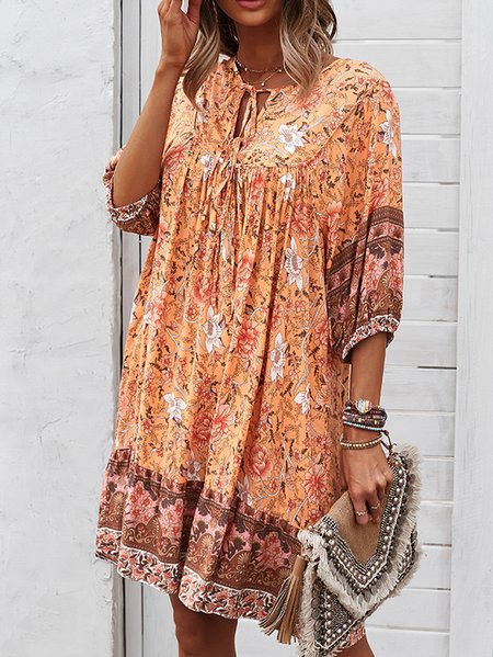 

Women Floral Notched Short Sleeve Comfy Casual Midi Dress, Orange, Dresses