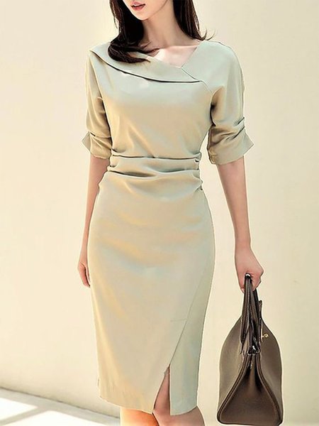 

Asymmetrical Plain Regular Fit Elegant Dress, Apricot, Midi Dresses