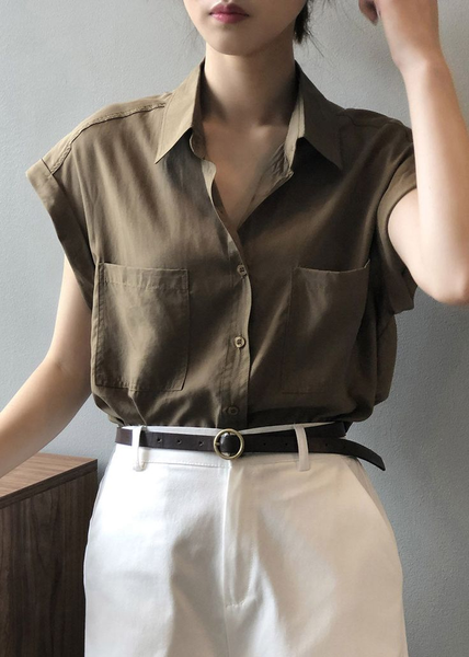 

Simple Cotton-Blend Plain Linen Style Blouse, Brown, Blouses & Shirts