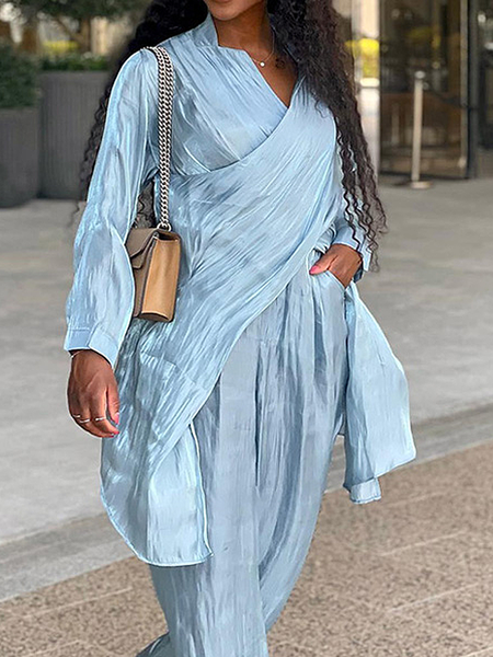 

Loose Urban V Neck Long Sleeve Mid-long Shirt, Blue, Blouses and Shirts