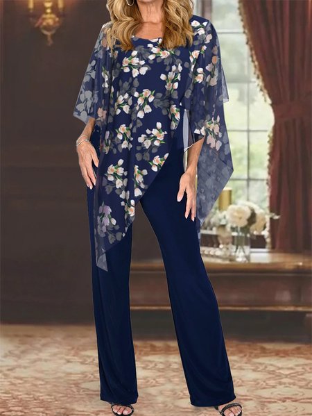 

Loose Elegant Crew Neck Floral Jumpsuit, Blue, Jumpsuits＆Rompers