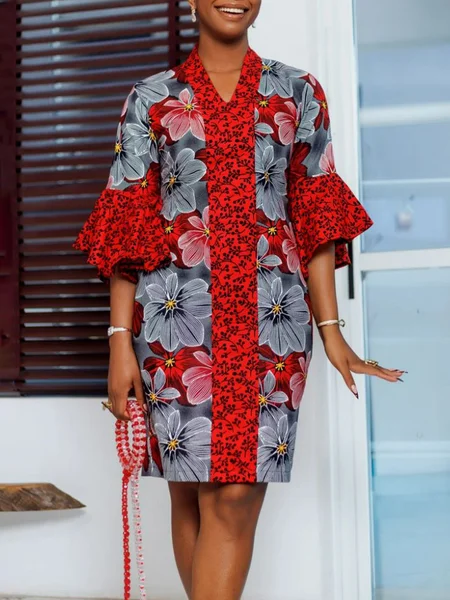 

Urban Regular Fit Floral V Neck Dress, As picture, Midi Dresses