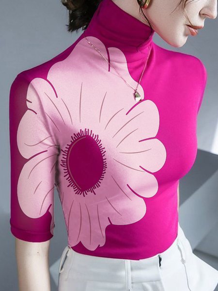 

Half Sleeve Elegant Tight Turtleneck Floral T-Shirt, Deep pink, Tees