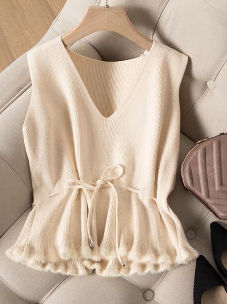 Casual V Neck Plain Tank Top, Apricot, Tanks & Camis