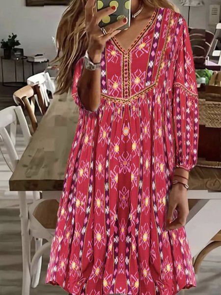

Women Nationality/ethnic V Neck Long Sleeve Comfy Casual Short Dress, Red, Dresses