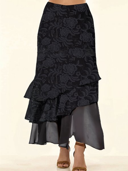 

Casual Lace S-Line Natural Midi Skirt, Black, Skirts
