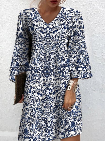 

Women Ethnic V Neck Long Sleeve Comfy Casual Short Dress, Blue, Dresses
