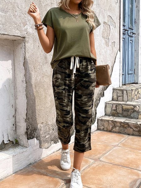 

Casual Loose Camo Cotton-Blend Two-Piece Set, Army green, Suit Set