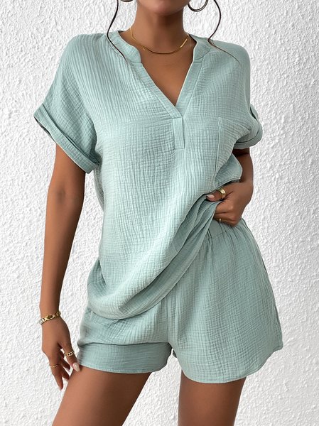

Women Plain V Neck Short Sleeve Comfy Casual Top With Pants Two-Piece Set, Aqua, Sets
