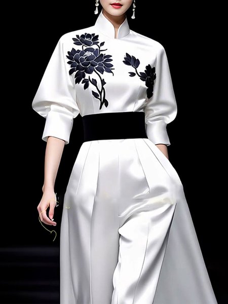 

Stand Collar Floral Regular Fit Elegant Shirt, White, Blouses and Shirts