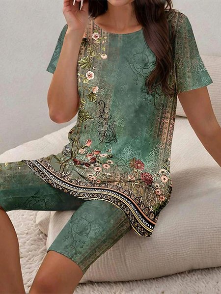 

Casual Knitted Loose Ethnic Two-Piece Set, Green, Suit Set