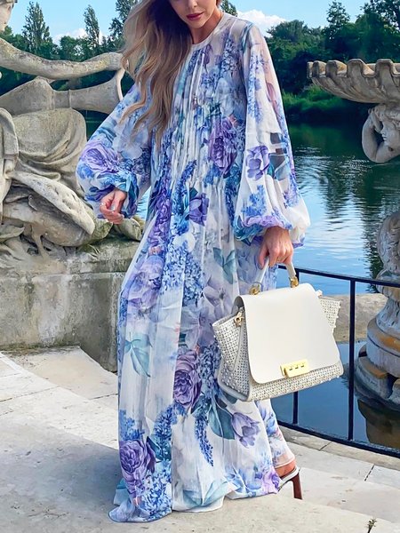 

Crew Neck Loose Floral Vacation Maxi Dress, Blue, Maxi Dresses