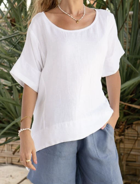 

Casual Cotton Plain Crew Neck Linen Style Shirt, White, Blouses & Shirts