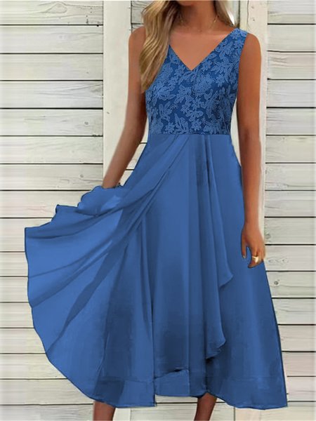 

V Neck Elegant Plain Lace Dress, Blue, Dresses