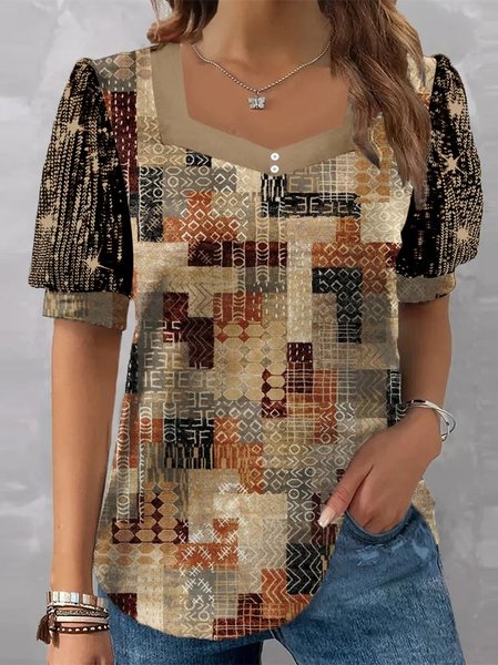

Color Block V Neck Casual T-Shirt, Cameo brown, T-Shirts
