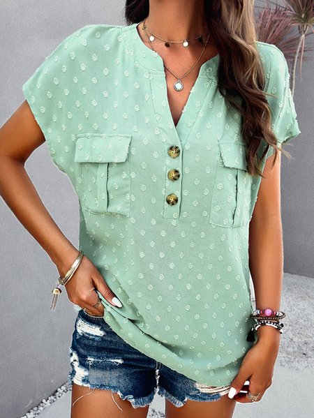 

V Neck Short Sleeve Plain Buckle Regular Loose Shirt For Women, Green, Blouses