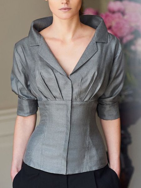 

Plain Elegant Regular Fit Shawl Collar Blouse, Gray, Blouses and Shirts