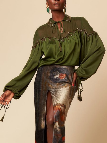 

Plain Loose Shawl Collar Elegant Blouse, Green, Blouses and Shirts