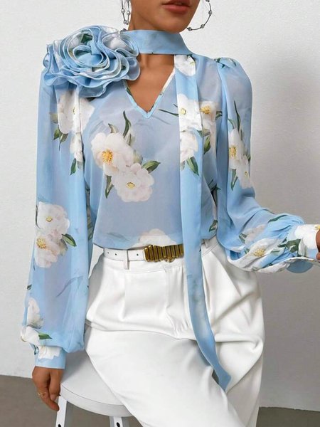 Loose Vacation Floral V Neck Shirt With Brooch, Blue, Blouses and Shirts