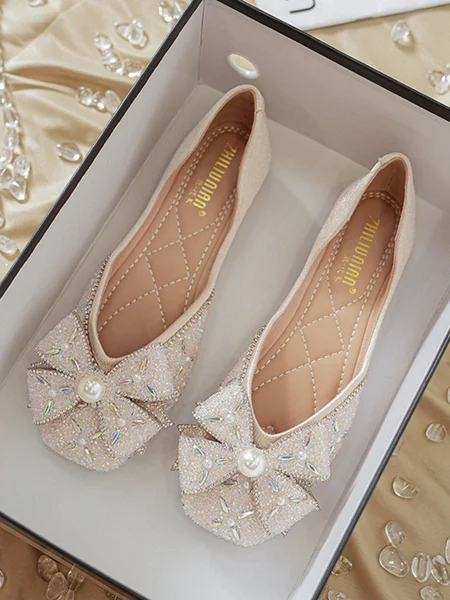 

Sparkling Rhinestone Bowknot Elegant Imitation Pearl Flat Heel Square Toe Shallow Shoes, Apricot, Flats
