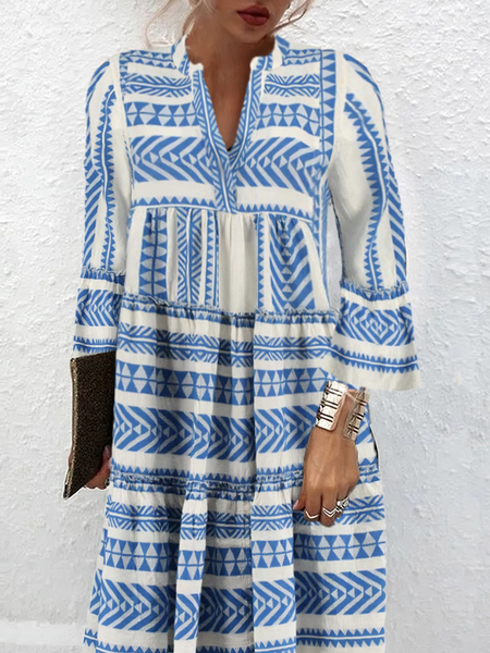 

Women Ethnic Geometry V Neck Long Sleeve Comfy Casual Short Dress, Blue, Dresses
