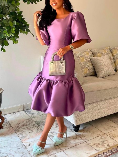 

Crew Neck Elegant Regular Fit Plain Midi Dress, As picture, Midi Dresses