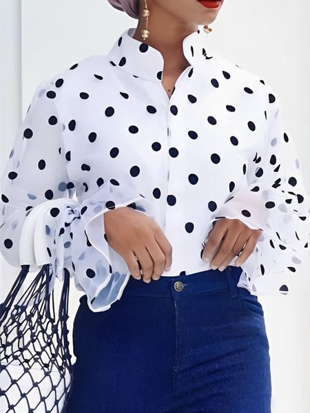 

Long Sleeve Stand Collar Polka Dots Urban Blouse, White, Blouses and Shirts