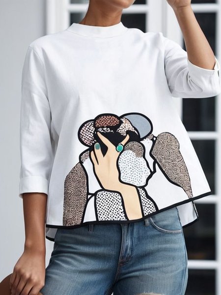 

Daily Loose Stand Collar Abstract Casual Shirt, White, Blouses and Shirts