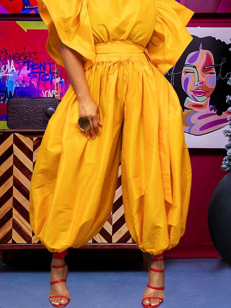 

Loose Plain Urban Fashion Pants, Yellow, Pants
