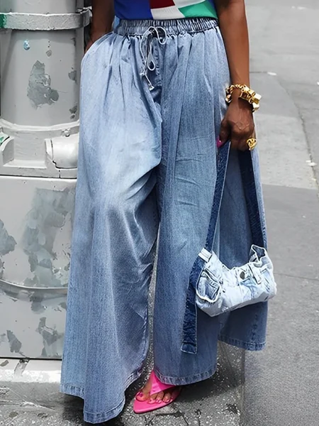 

Denim Plain Pockets Casual Wide Leg Jeans, Blue, Jeans