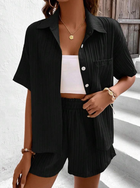 

Women Plain Shirt Collar Short Sleeve Comfy Casual Top With Pants Two-Piece Set, Black, Sets
