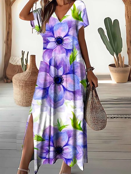 

V Neck Floral Elegant Cotton-Blend Dress, Blue, Dresses