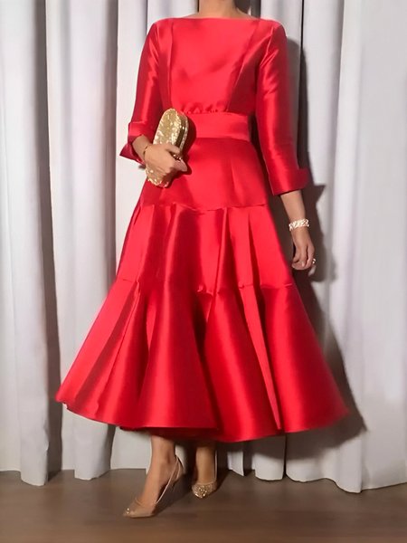 Elegant Boat Neck Plain Regular Fit Midi Dress, Red, Maxi Dresses