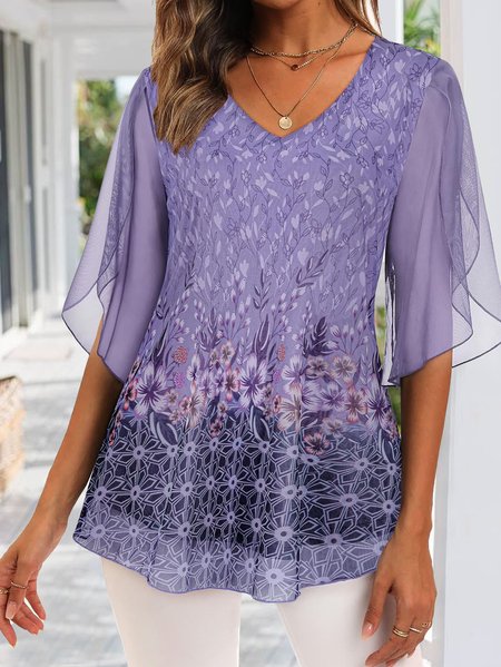 

V Neck Floral Casual Loose Shirt, Lavender, Shirts & Blouses