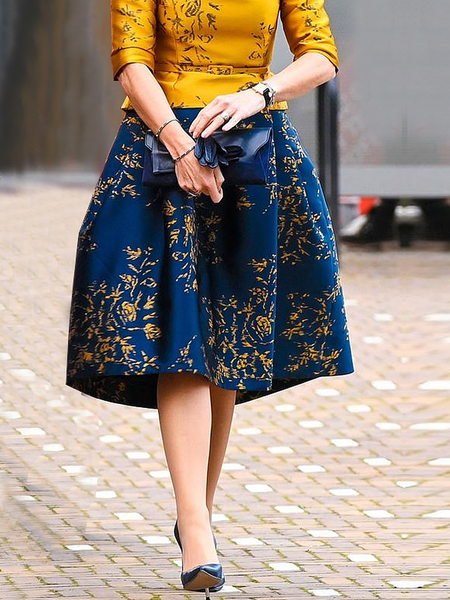 Floral Loose Elegant Midi Skirt, Navyblue, Skirts