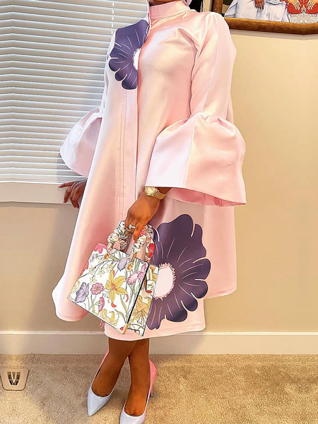 

Loose Elegant Stand Collar Floral Three Quarter Sleeve Midi Dress, Pink, Midi Dresses