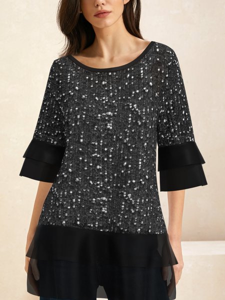 

Crew Neck Half Sleeve Plain Glitter Regular Loose Shirt For Women, Black, Blouses
