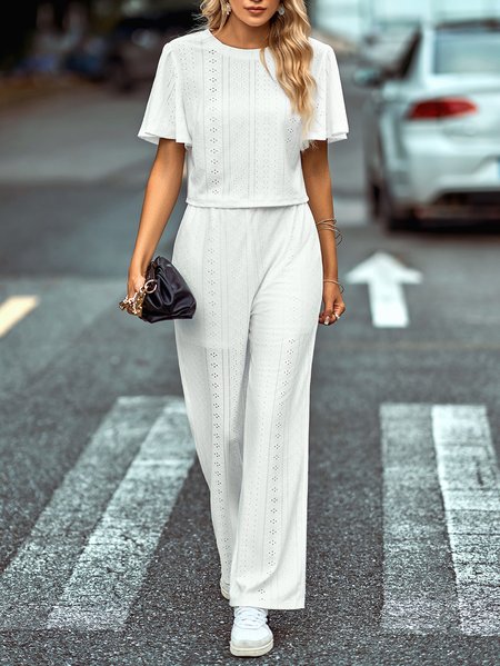 

Women Plain Crew Neck Short Sleeve Comfy Casual Top With Pants Two-Piece Set, Off white, Sets