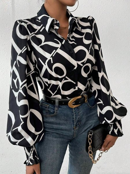 

Shirt Collar Long Sleeve Text Letters Regular Loose Blouse For Women, Black, Blouses