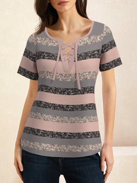 

Casual Striped Crew Neck Short Sleeve T-shirt, Multicolor, T-shirts