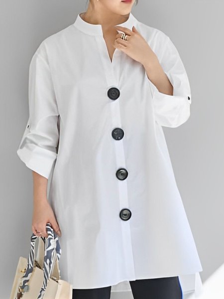 

Daily Loose Casual Buttoned Stand Collar Plain Blouse, White, Blouses and Shirts
